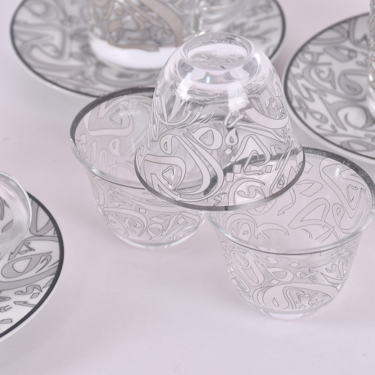 arabic coffee & tea cups with plates set silver (18 pieces)