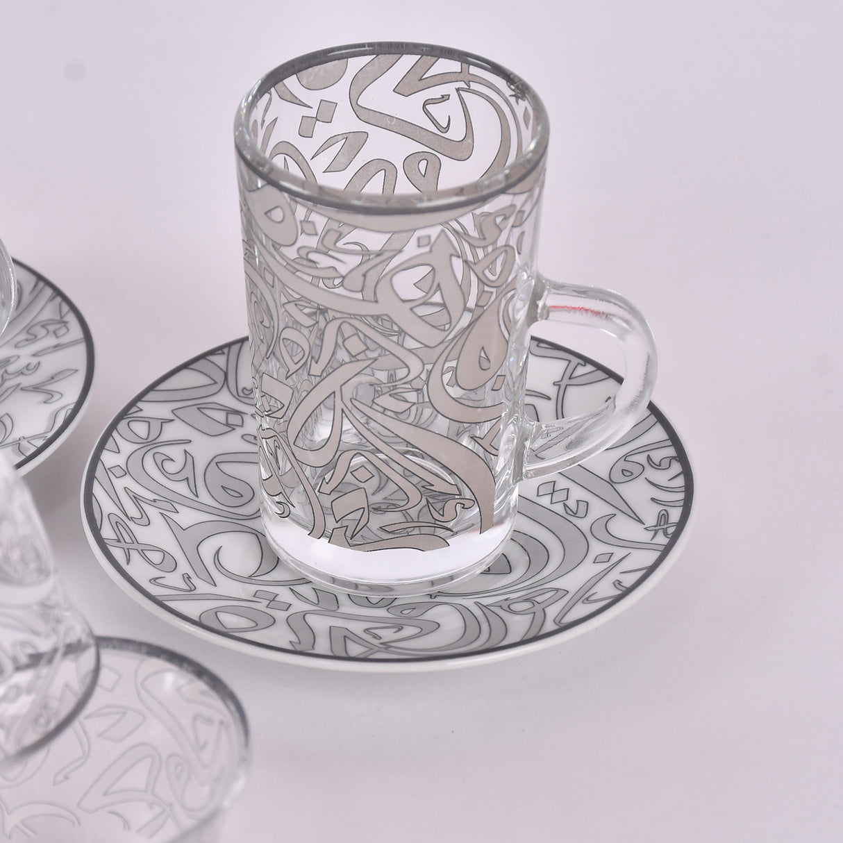 arabic coffee & tea cups with plates set silver (18 pieces)