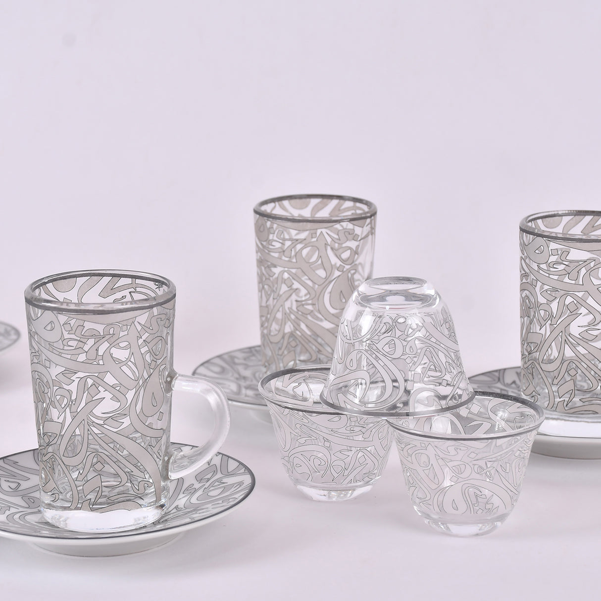 arabic coffee & tea cups with plates set silver (18 pieces)