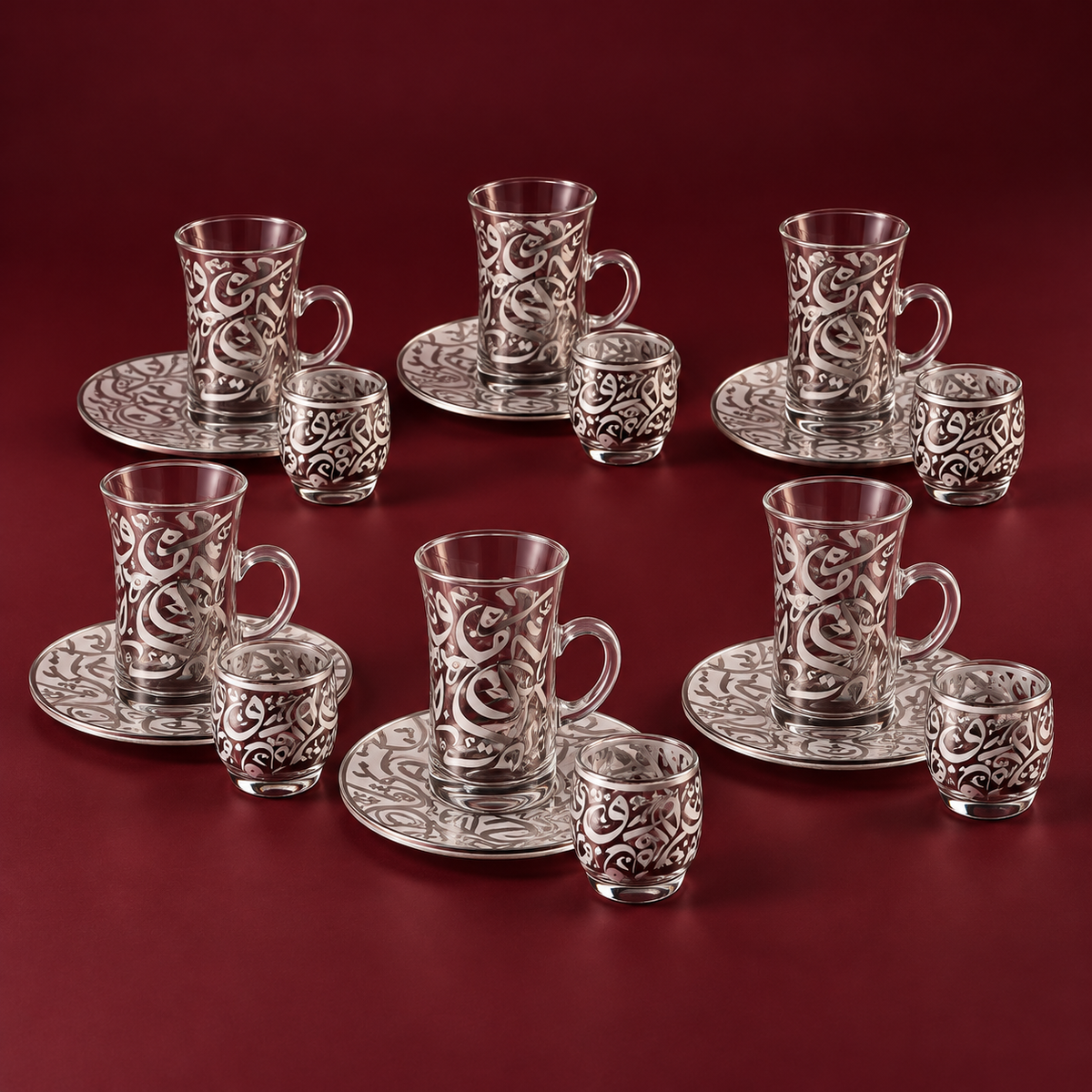 arabic coffee & tea cups with plates set silver (18 pieces)