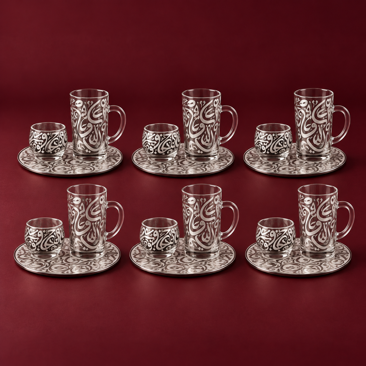 arabic coffee & tea cups with plates set silver (18 pieces)