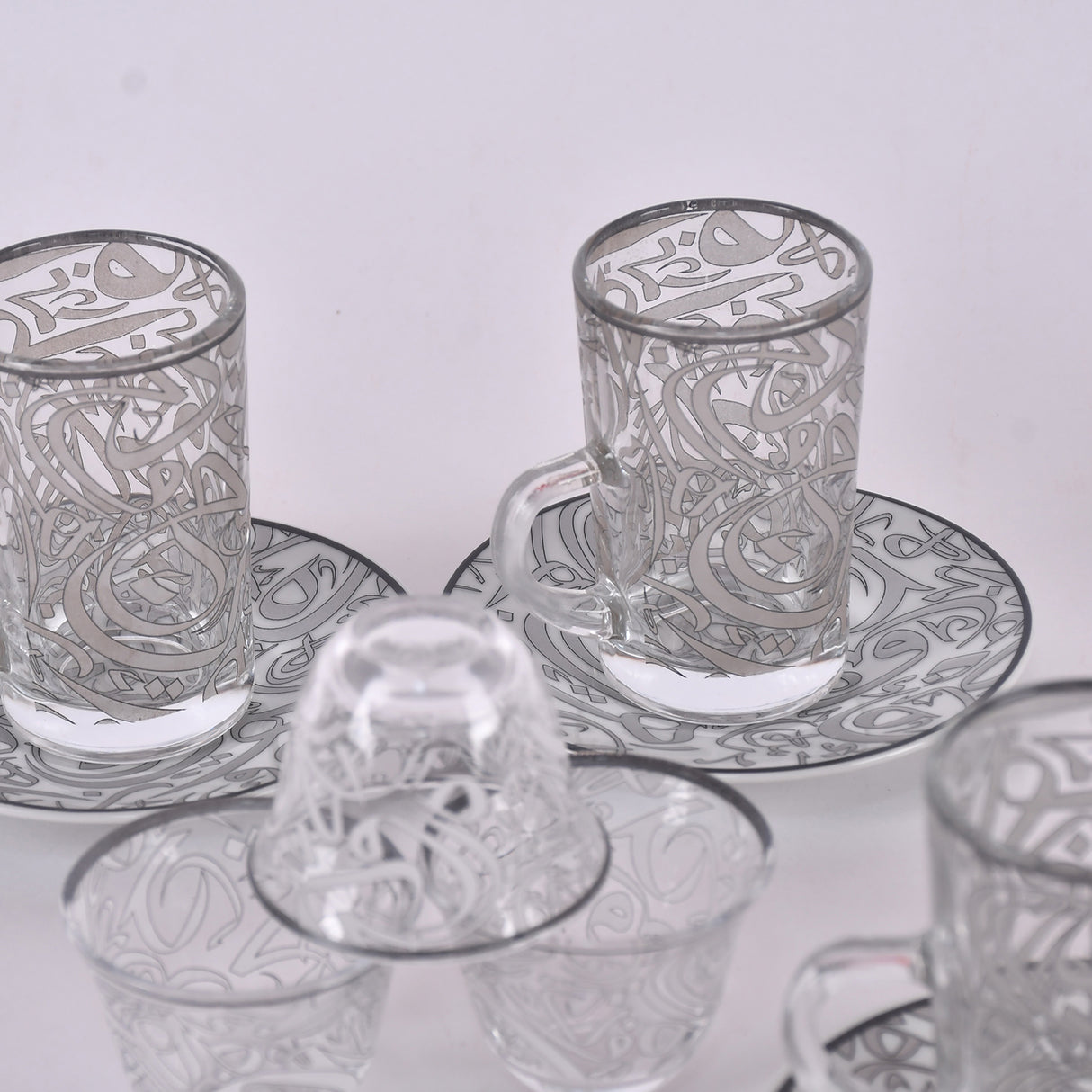 arabic coffee & tea cups with plates set silver (18 pieces)
