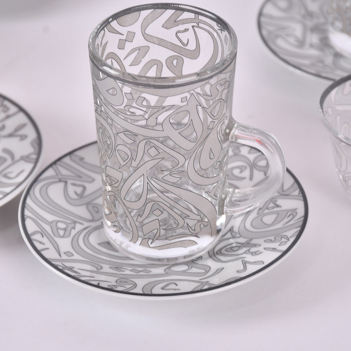 arabic coffee & tea cups with plates set silver (18 pieces)