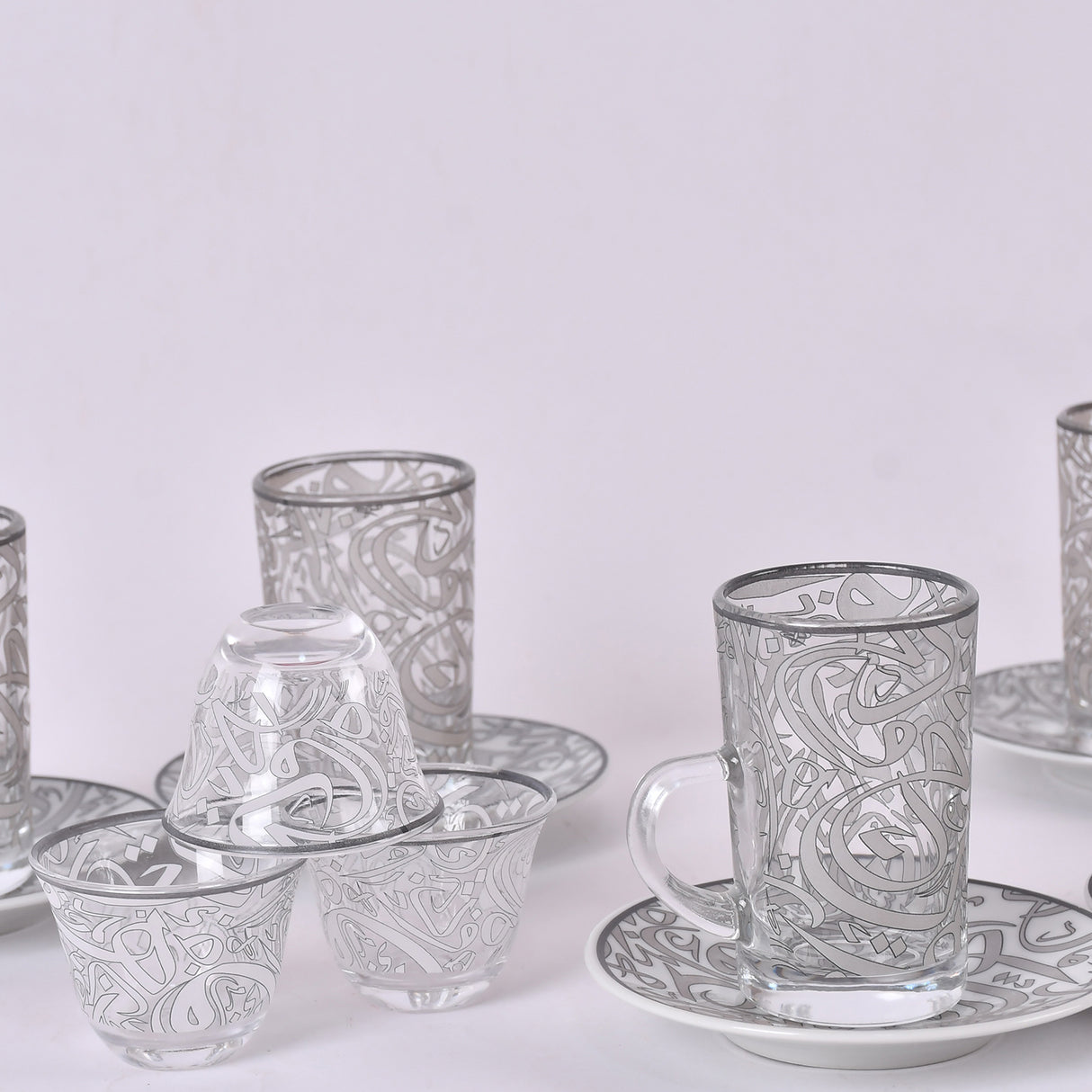 arabic coffee & tea cups with plates set silver (18 pieces)