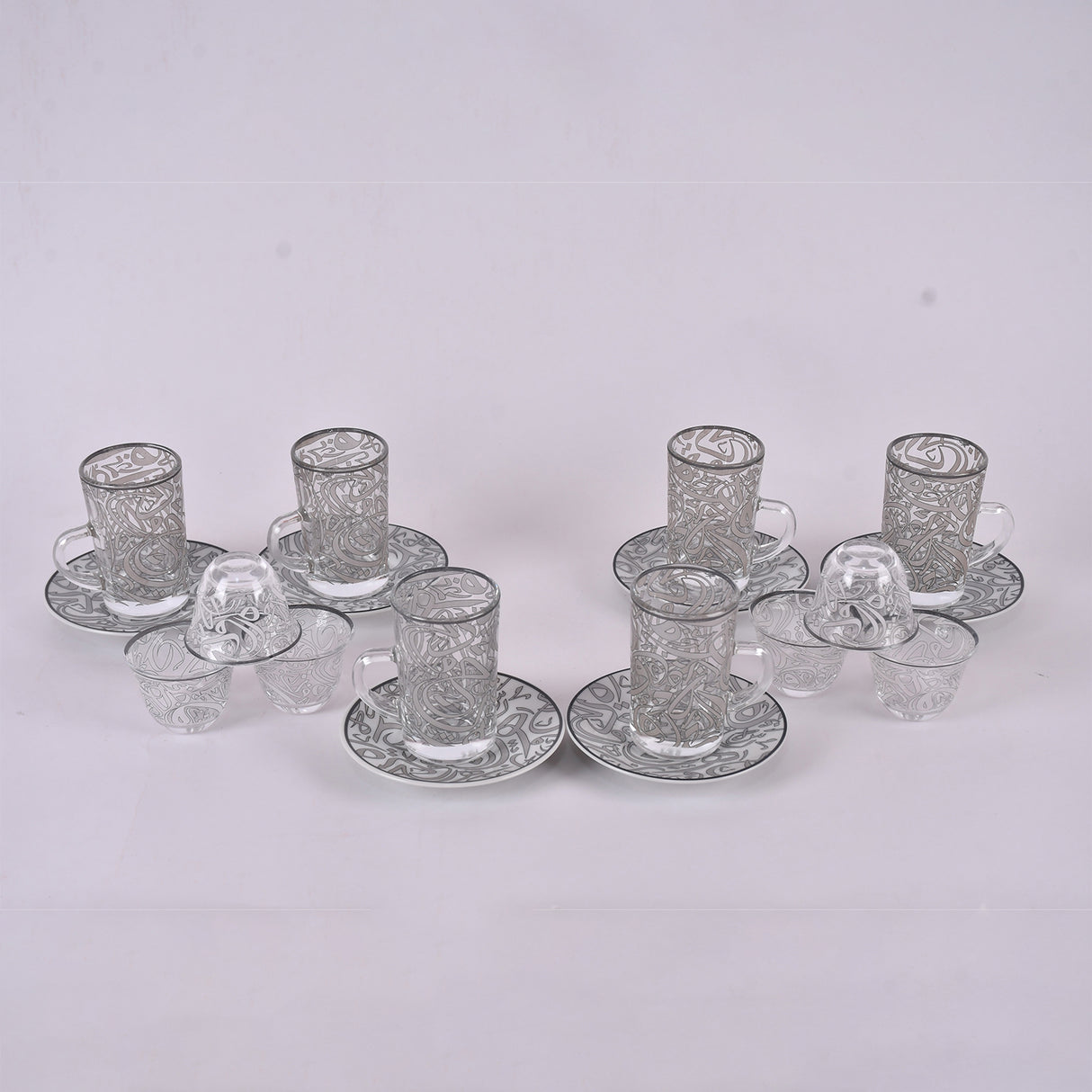 arabic coffee & tea cups with plates set silver (18 pieces)