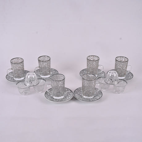 arabic coffee & tea cups with plates set silver (18 pieces)